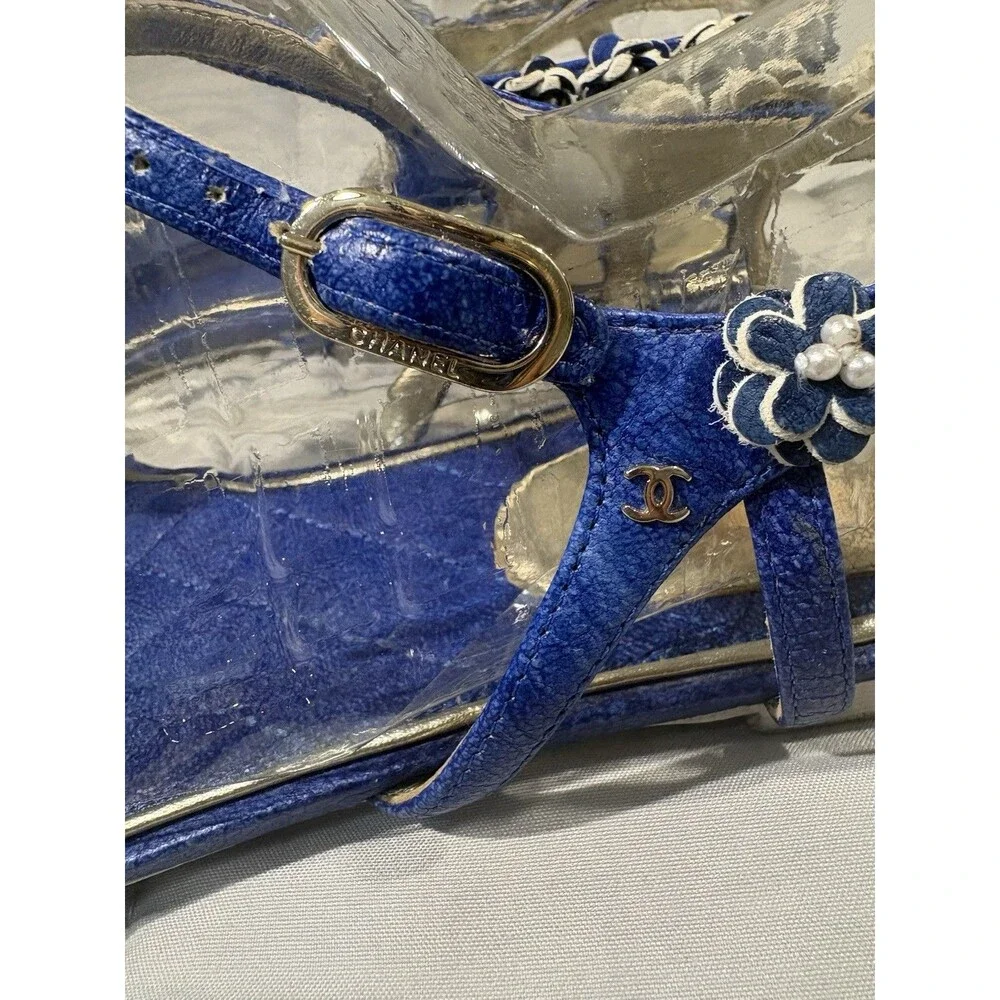 Chanel T Strap Blue Floral Embellished Sandals Sz 39 8.5 US